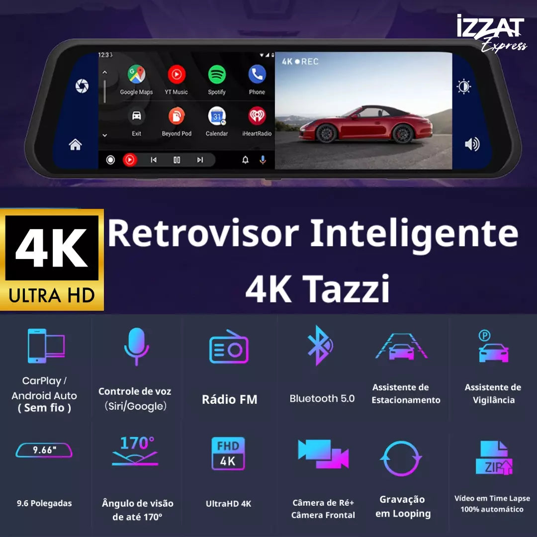 Retrovisor Inteligente 4K Tazzi c/ AndroidAUTO & Apple CarPlay + Brinde Câmera de Ré - Imagem 3