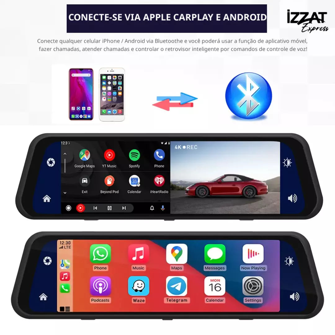 Retrovisor Inteligente 4K Tazzi c/ AndroidAUTO & Apple CarPlay + Brinde Câmera de Ré - Imagem 5